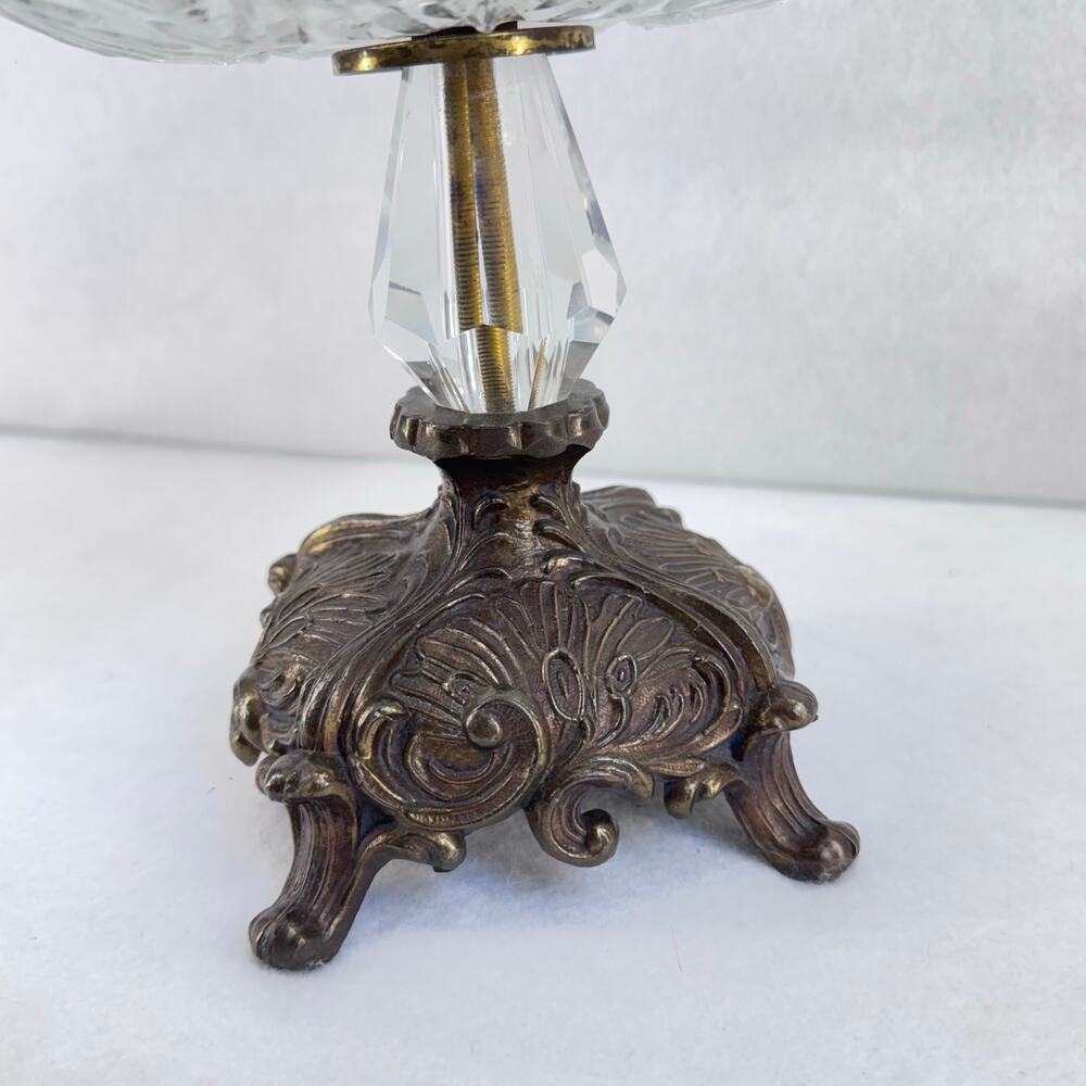Vintage Crystal Pedestal Compote Dish with Ornate Brass Base, Candy Nut Bowl - Picture 8 of 10
